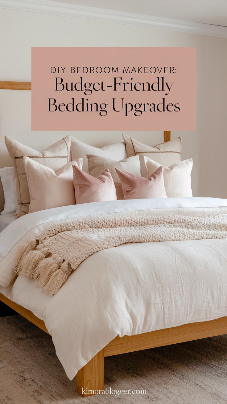 A neatly styled bed with a plush white duvet, textured knit throw blanket, and a mix of linen and velvet pillows in soft blush and beige, creating a cozy and elegant look.