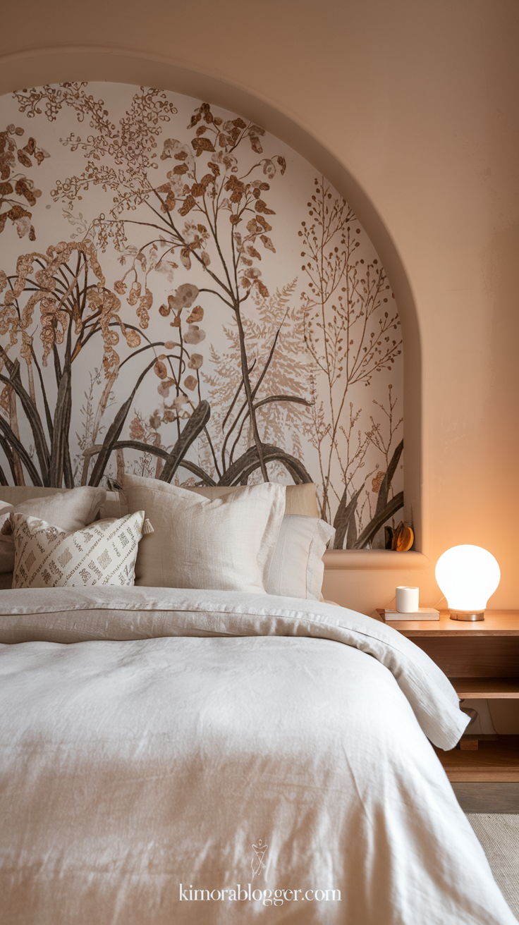 A bedroom with a soft beige accent wall, adding warmth to white bedding and wood furniture. A peel-and-stick botanical wallpaper behind the bed creates a stunning focal point without the hassle of traditional wallpaper.