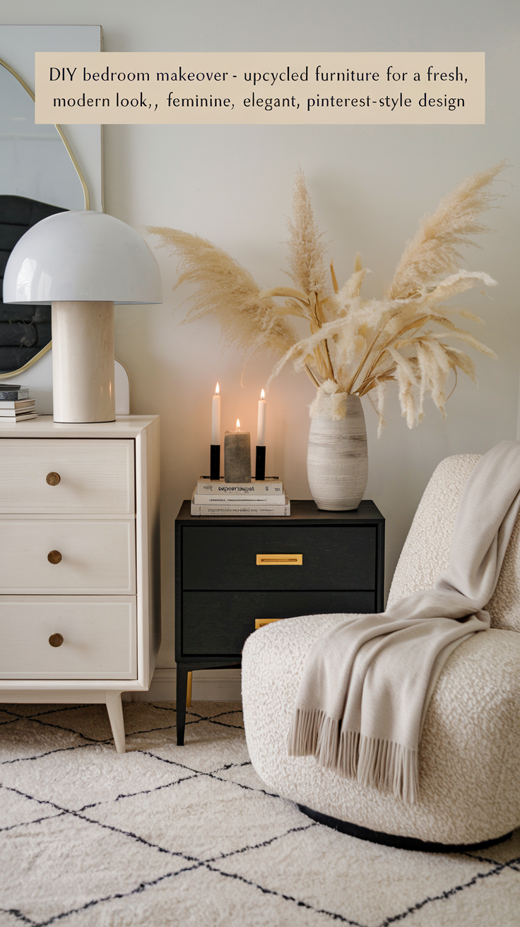 A thrifted nightstand gets a makeover with matte black paint and gold hardware, giving it a sleek and stylish look. A vintage dresser is refreshed with a light wood stain and modern knobs, making it feel brand new.