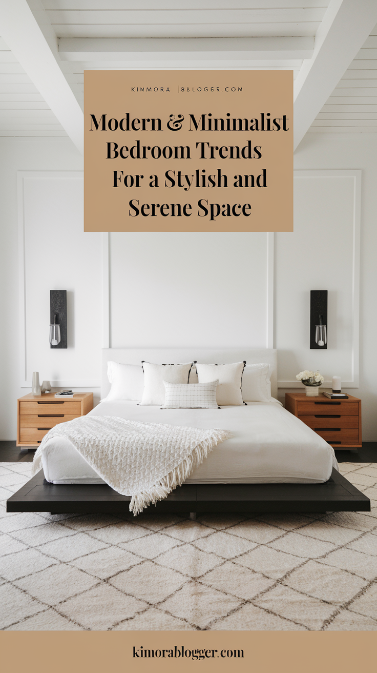 A minimalist bedroom with crisp white walls, a black platform bed, warm wood nightstands, and black wall sconces. A textured white throw blanket and a soft beige area rug add warmth to balance the high contrast.