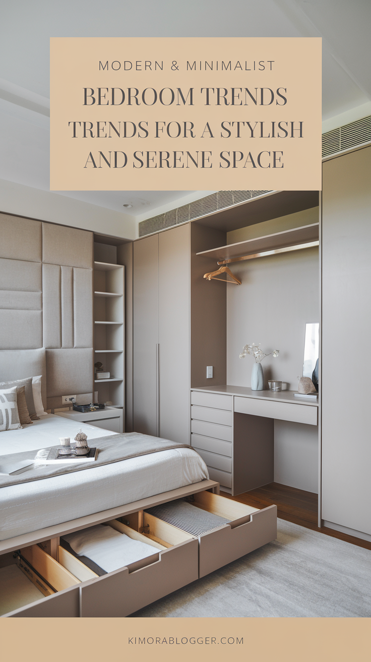 A bedroom with a bed that has hidden storage drawers, a sleek wardrobe with adjustable shelves, and a minimalist floating desk that doubles as a nightstand. Everything is designed for efficiency without compromising style.