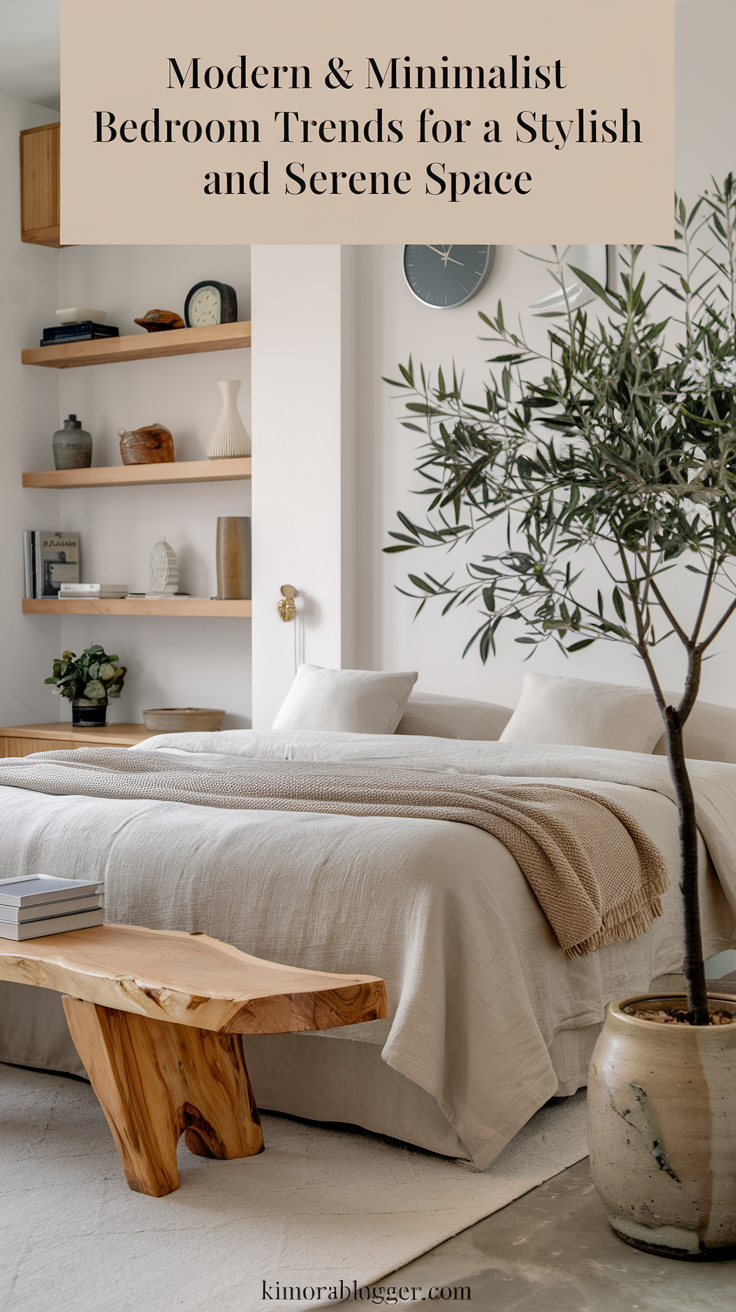 A bedroom with a neutral linen bedspread, a small olive tree in a ceramic planter, and a live-edge wooden bench at the foot of the bed. The natural elements add depth without cluttering the space.
