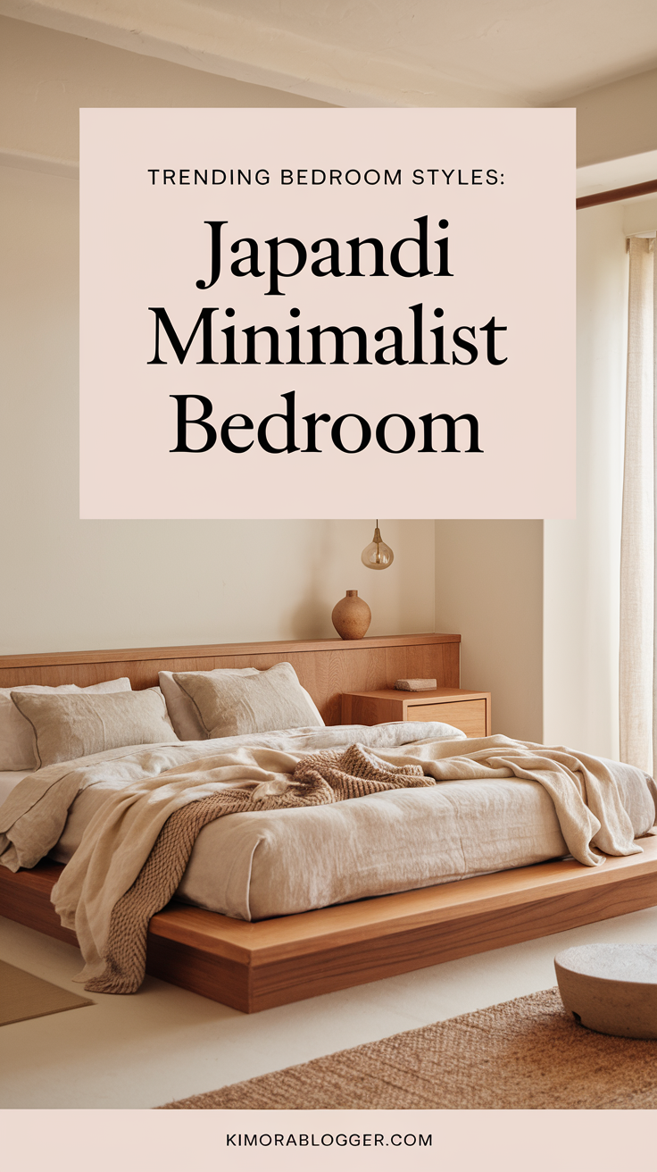 A light wood platform bed with linen bedding, soft lighting, and a minimalist nightstand with a ceramic lamp and dried florals.