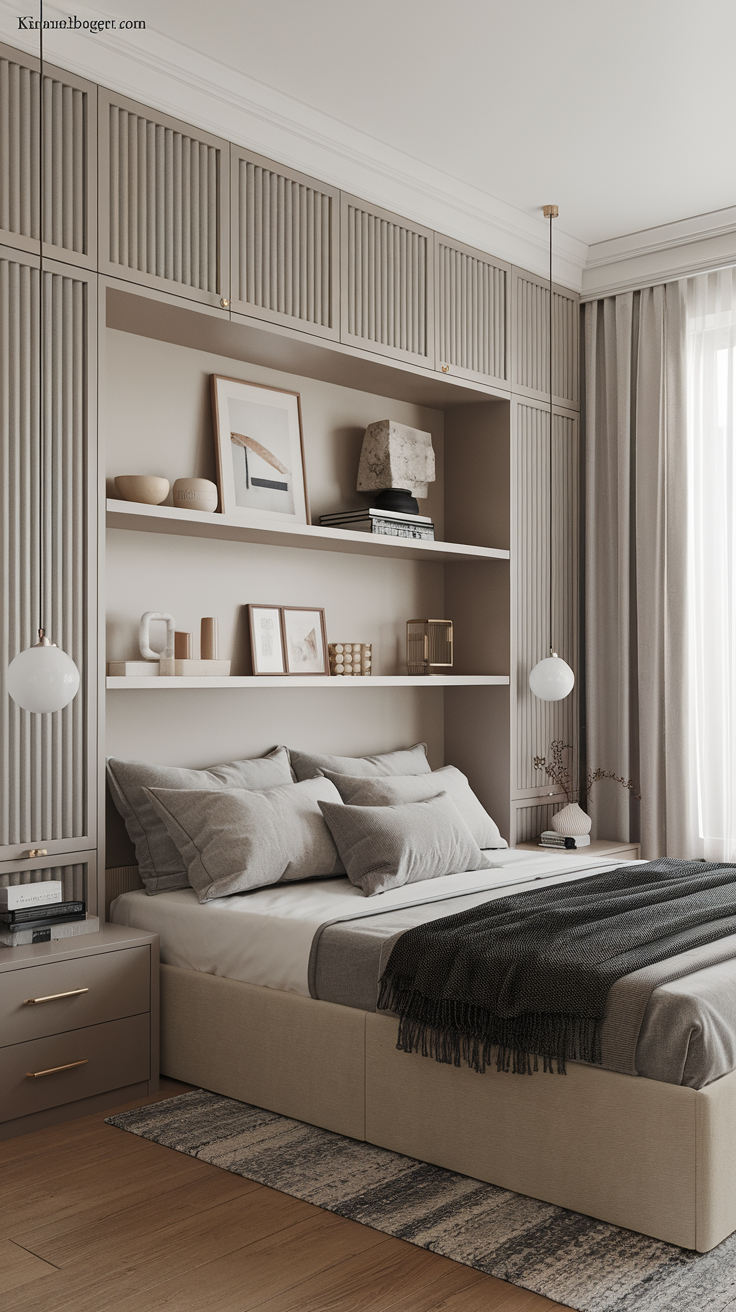 A bedroom with a built-in wall unit featuring open and closed storage, floating shelves displaying minimal decor, and a bed with hidden drawers underneath. Every piece serves a purpose while keeping the space visually clean.
