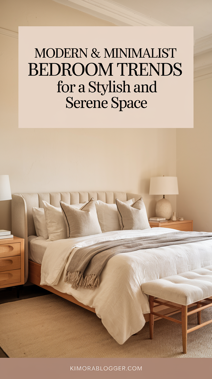 A bedroom with warm white walls, a linen-upholstered bed, and light oak furniture, accented with soft gray throw pillows. The neutral palette makes the space feel peaceful, while subtle contrast keeps it visually interesting.