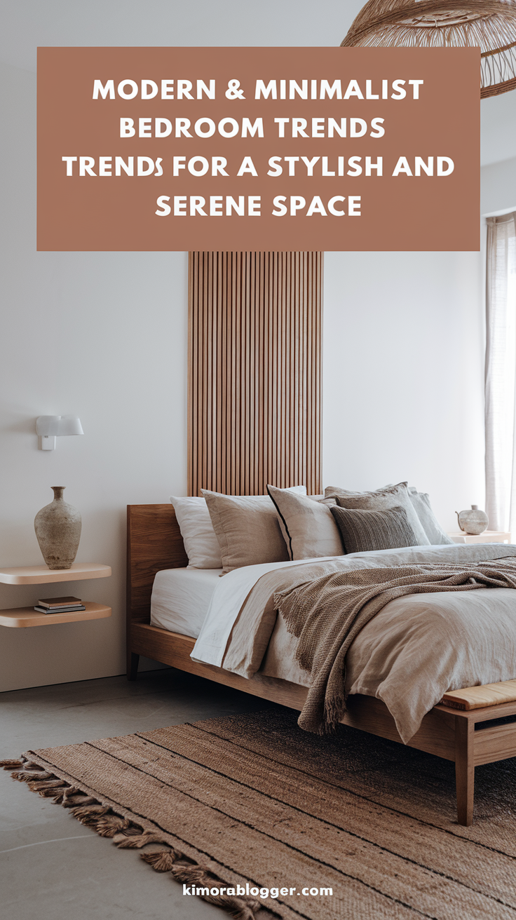 A Japandi-inspired bedroom with a sleek, wood-frame bed, linen bedding, a woven area rug, and a handcrafted ceramic vase on a minimalist nightstand. The space is free of clutter, yet rich in warmth and texture.