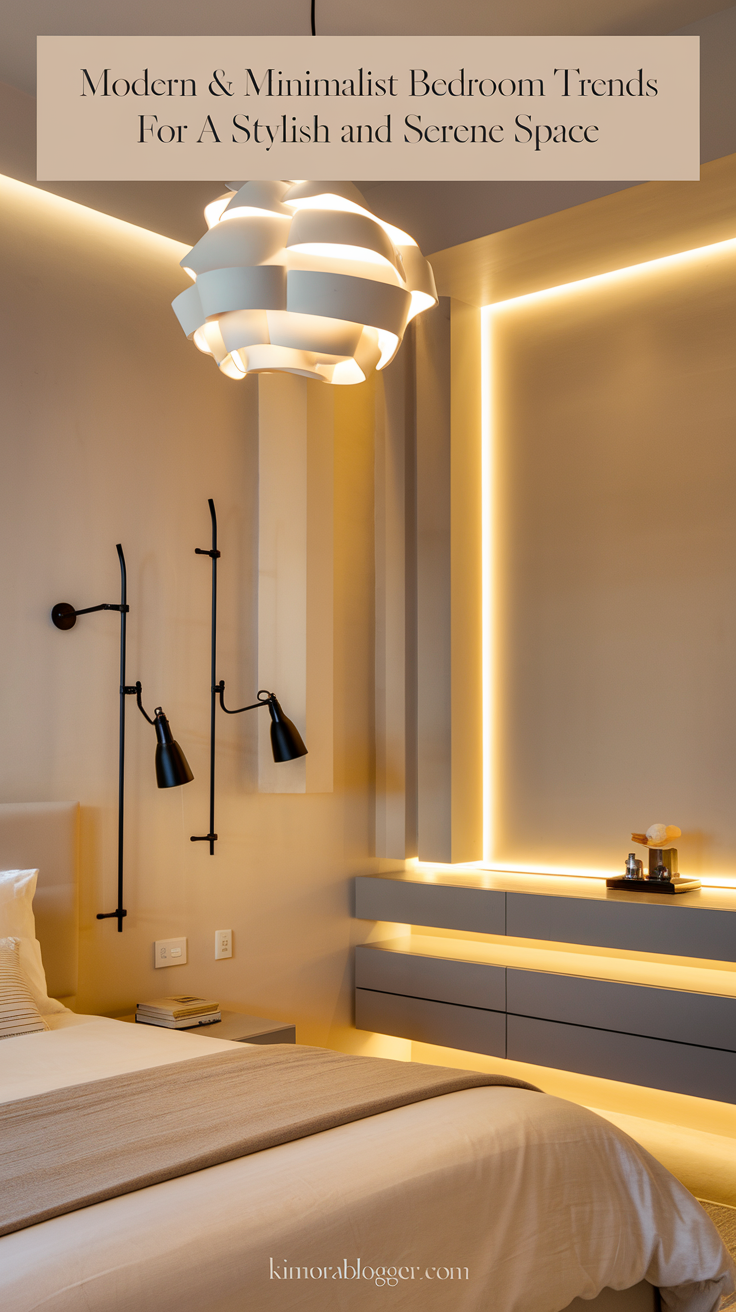 A bedroom featuring a sculptural pendant light hanging above the bed, adjustable black metal wall sconces for reading, and soft LED lighting under a floating dresser. The lighting adds warmth and dimension while staying true to a minimalist aesthetic.