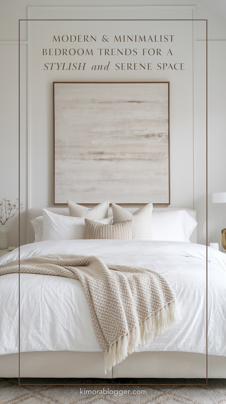 A modern bedroom with a crisp white duvet, a textured wool throw, and a neutral-toned abstract canvas above the bed. The minimal decor enhances the space without overwhelming it.