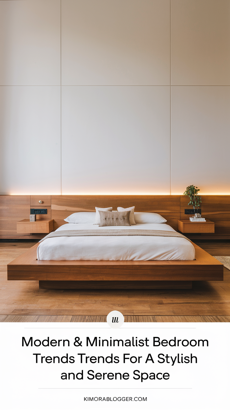 A modern platform bed in warm wood tones sits low against a smooth white wall, flanked by floating nightstands with built-in lighting. The lack of bulky furniture creates an airy, sophisticated look.