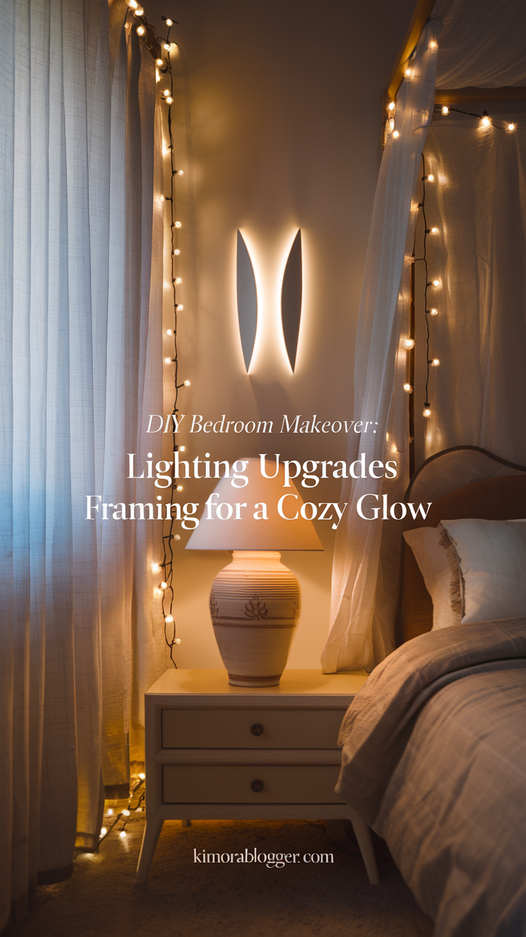 A softly lit bedroom with a ceramic table lamp on the nightstand, warm string lights draped along sheer curtains, and modern plug-in wall sconces framing the bed, creating a dreamy and relaxing space.