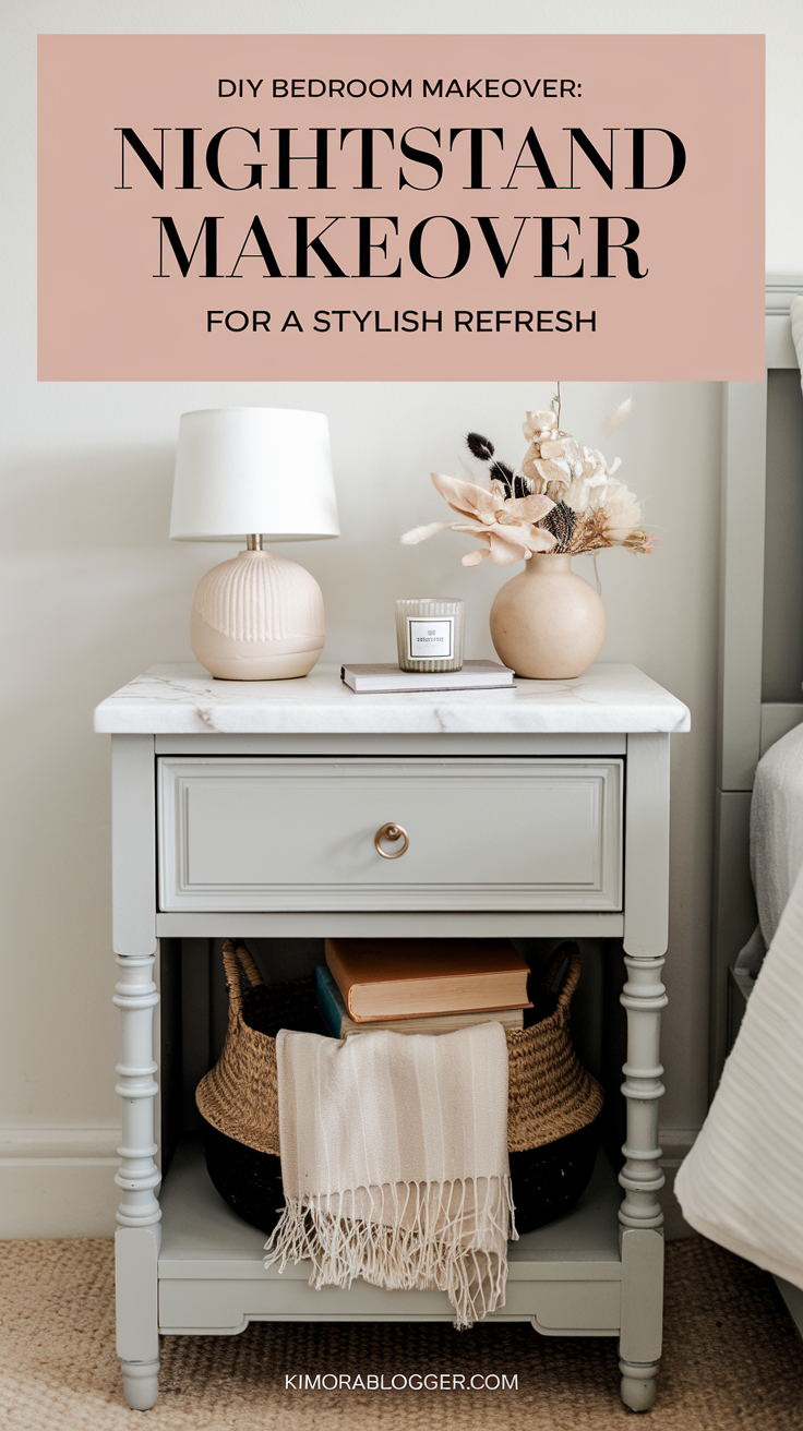 A nightstand painted in soft gray with gold drawer pulls, styled with a small ceramic lamp, a scented candle, and a vase of dried florals, creating a cozy and inviting bedside setup.