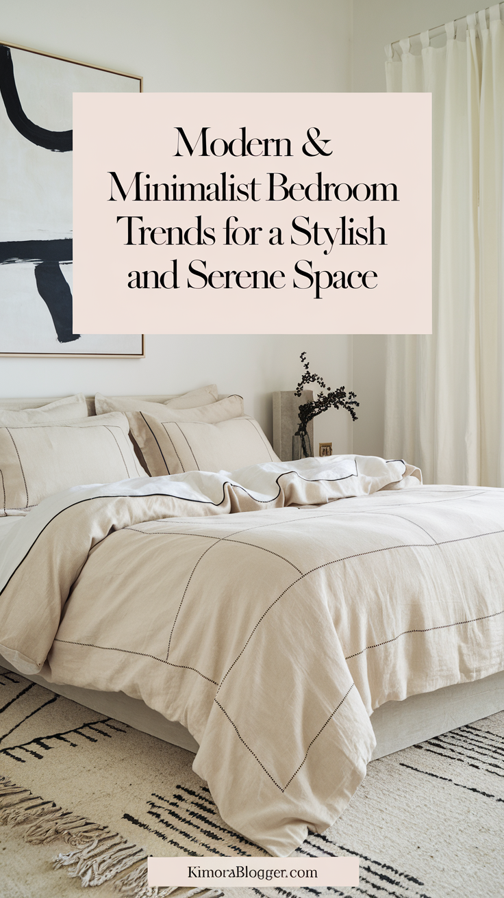 A bedroom with a soft beige linen duvet featuring subtle geometric stitching, a tone-on-tone patterned rug, and a monochrome abstract painting above the bed. The patterns add depth while keeping the overall look serene and minimal.