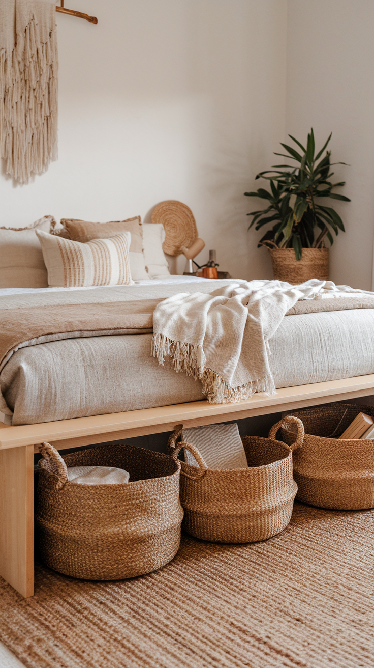 Lidded seagrass baskets tucked neatly under a raised platform bed, perfect for storing linens or throws.