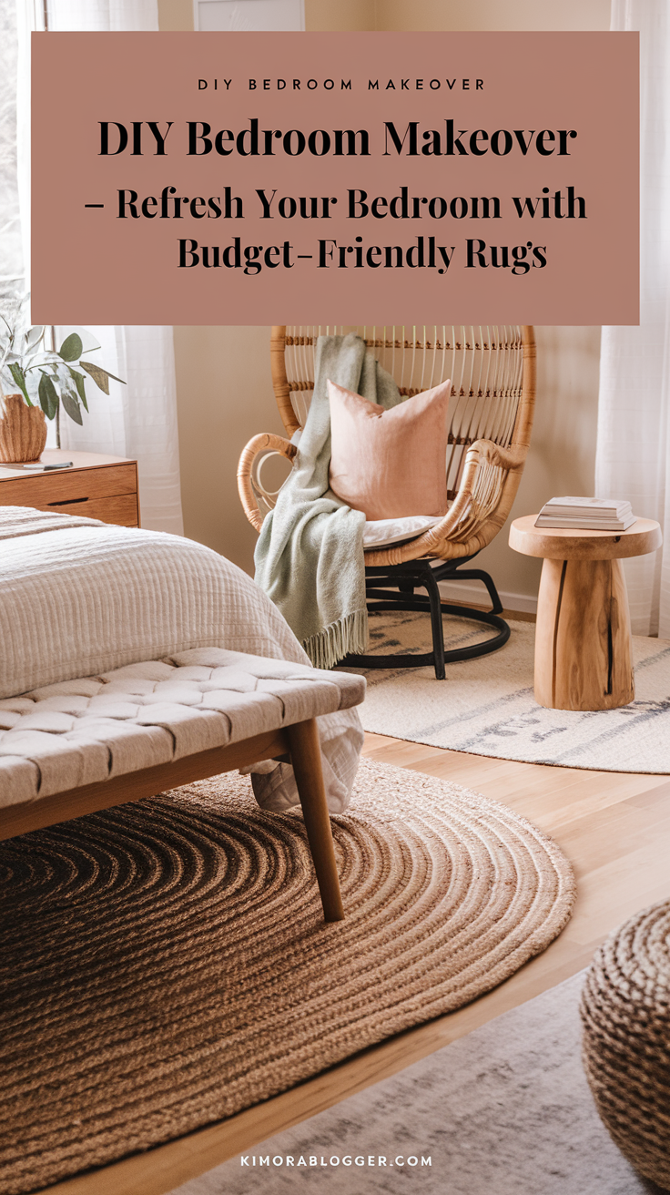 A cozy bedroom featuring a neutral woven jute rug under the bed, adding warmth to the hardwood floors, paired with a small plush area rug beside the bed for extra softness.
