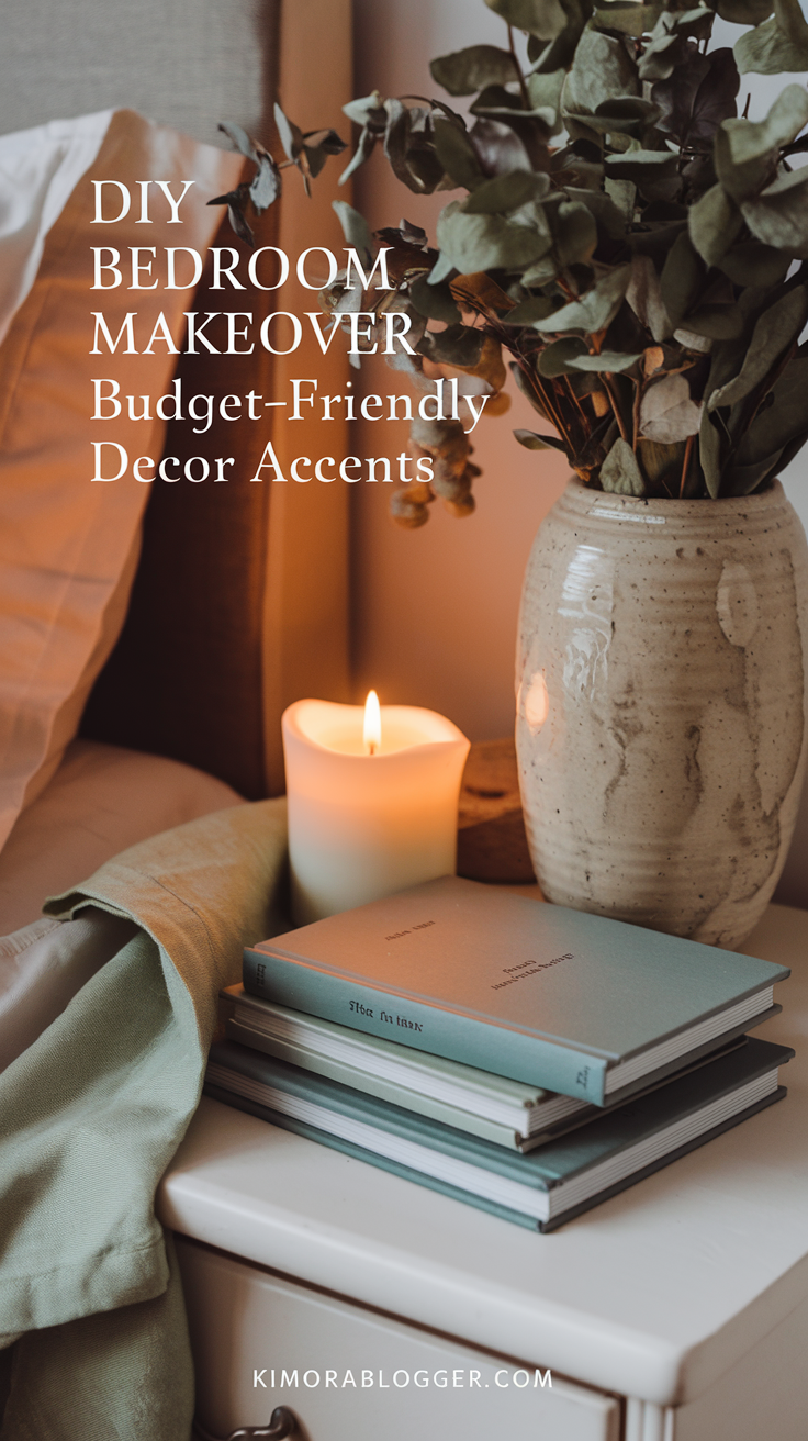 A nightstand styled with a flickering vanilla candle, a ceramic vase of dried pampas grass, and a stack of thrifted books, creating a simple but elevated look.