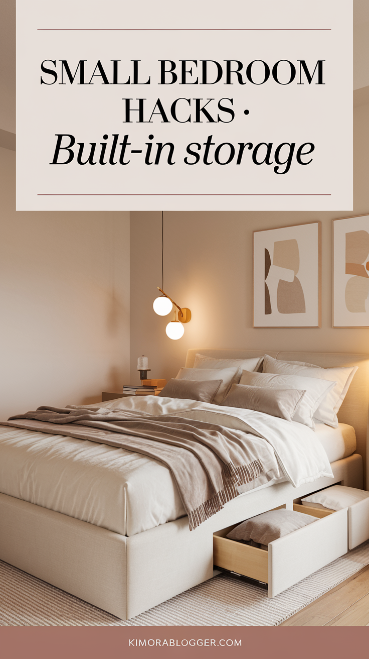 A platform bed with hidden drawers, styled in soft cream linen and muted taupe throw pillows. Warm lighting and clean lines keep the look modern and cozy.