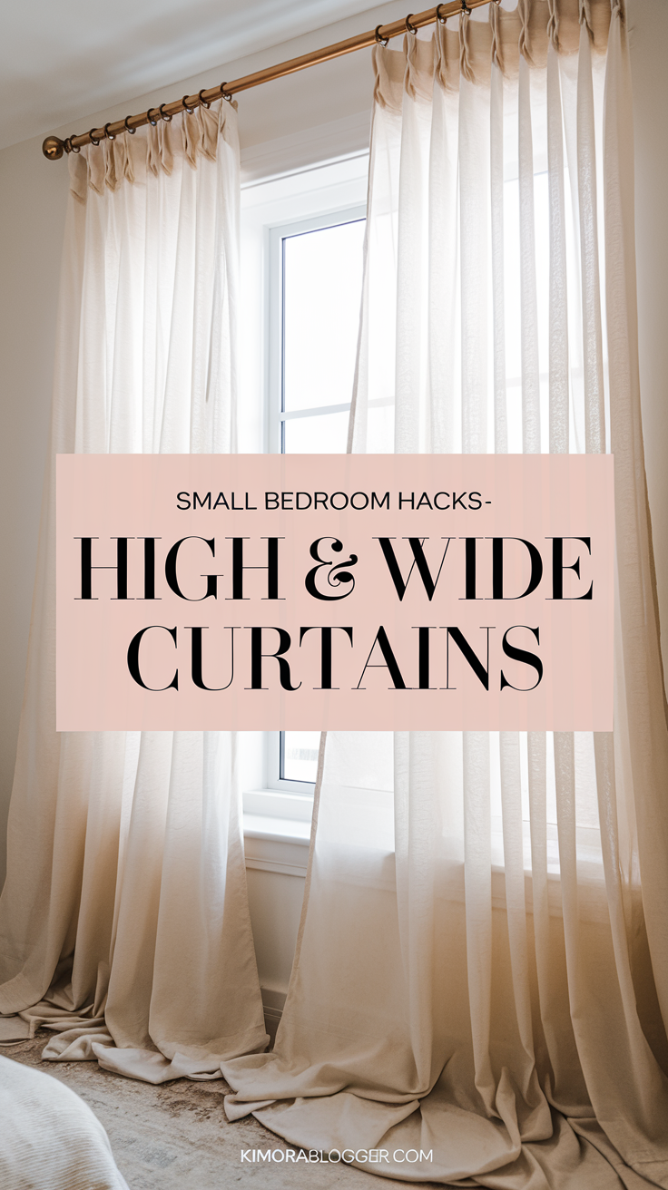 Soft beige sheer curtains hung high with matte gold rods, flowing gracefully to the floor, adding elegance and height to the space.