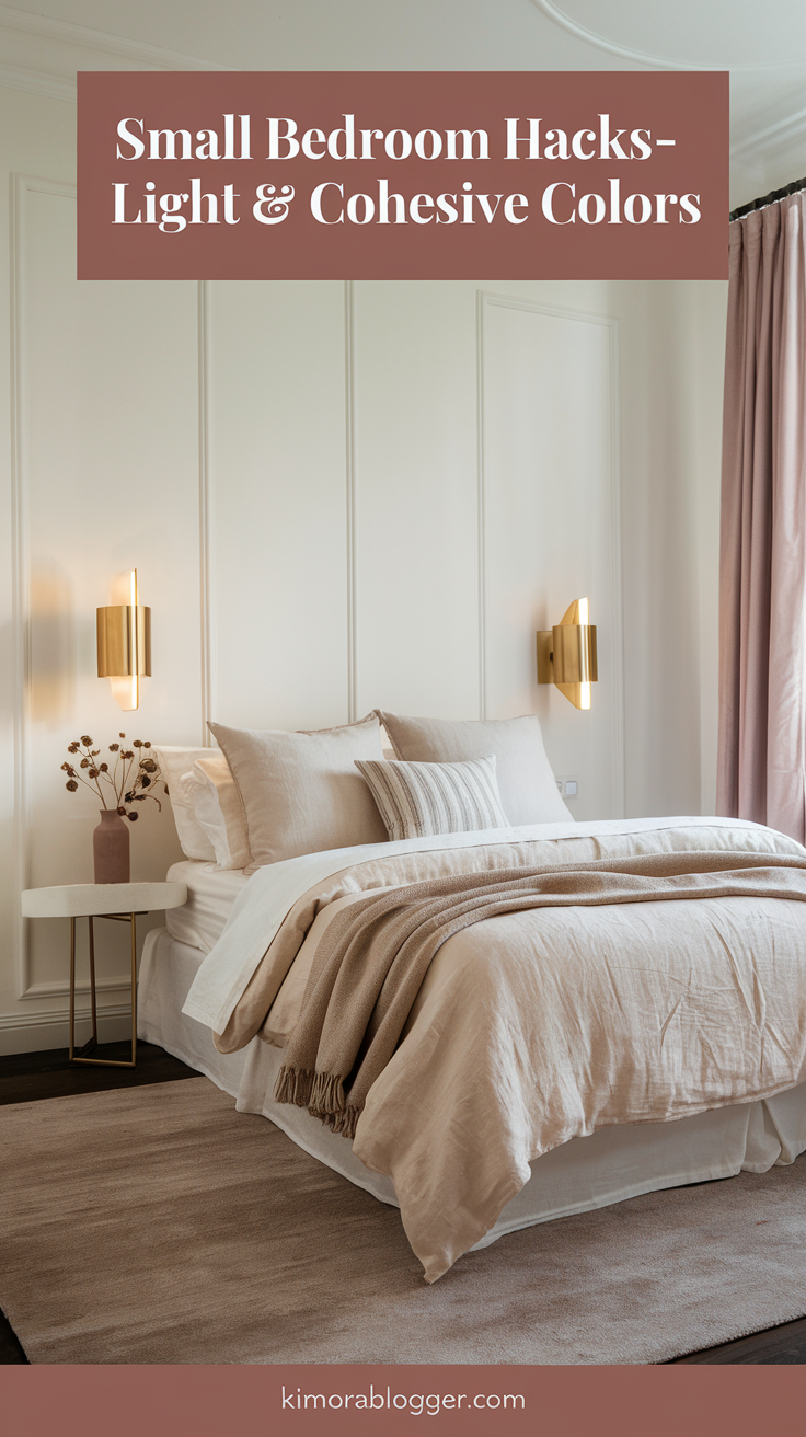 Walls painted in creamy white, paired with warm beige bedding, a muted taupe rug, and touches of matte gold in the lighting fixtures.