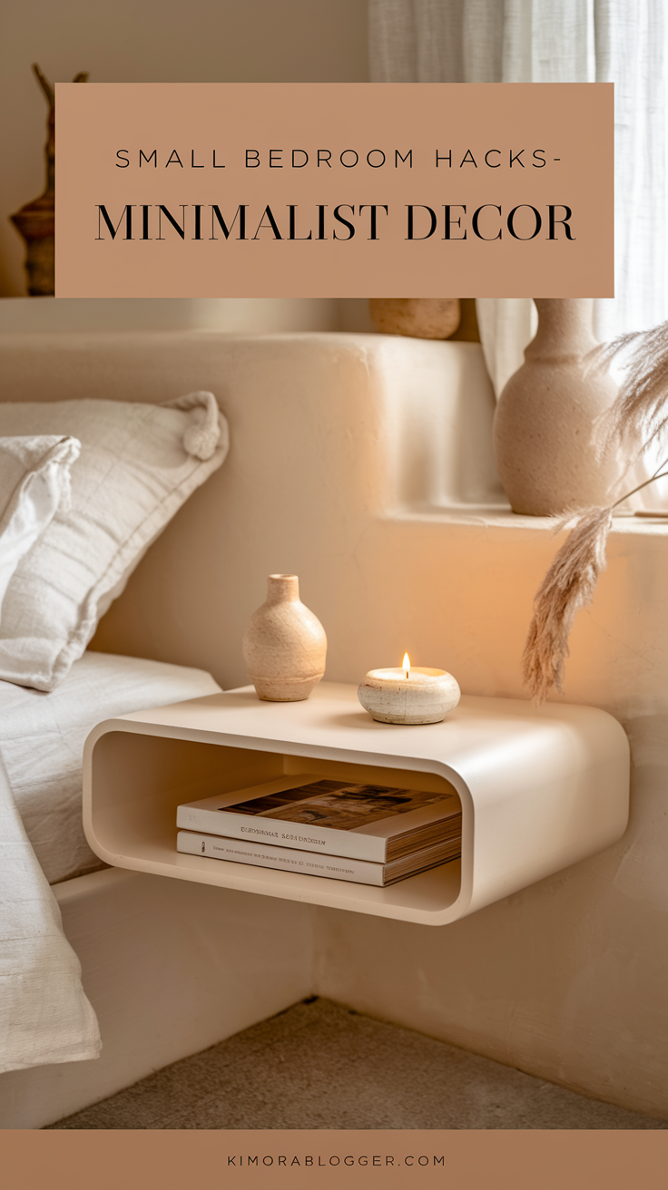A floating nightstand styled with a single ceramic vase, a linen-wrapped book, and a small amber candle. Clean,