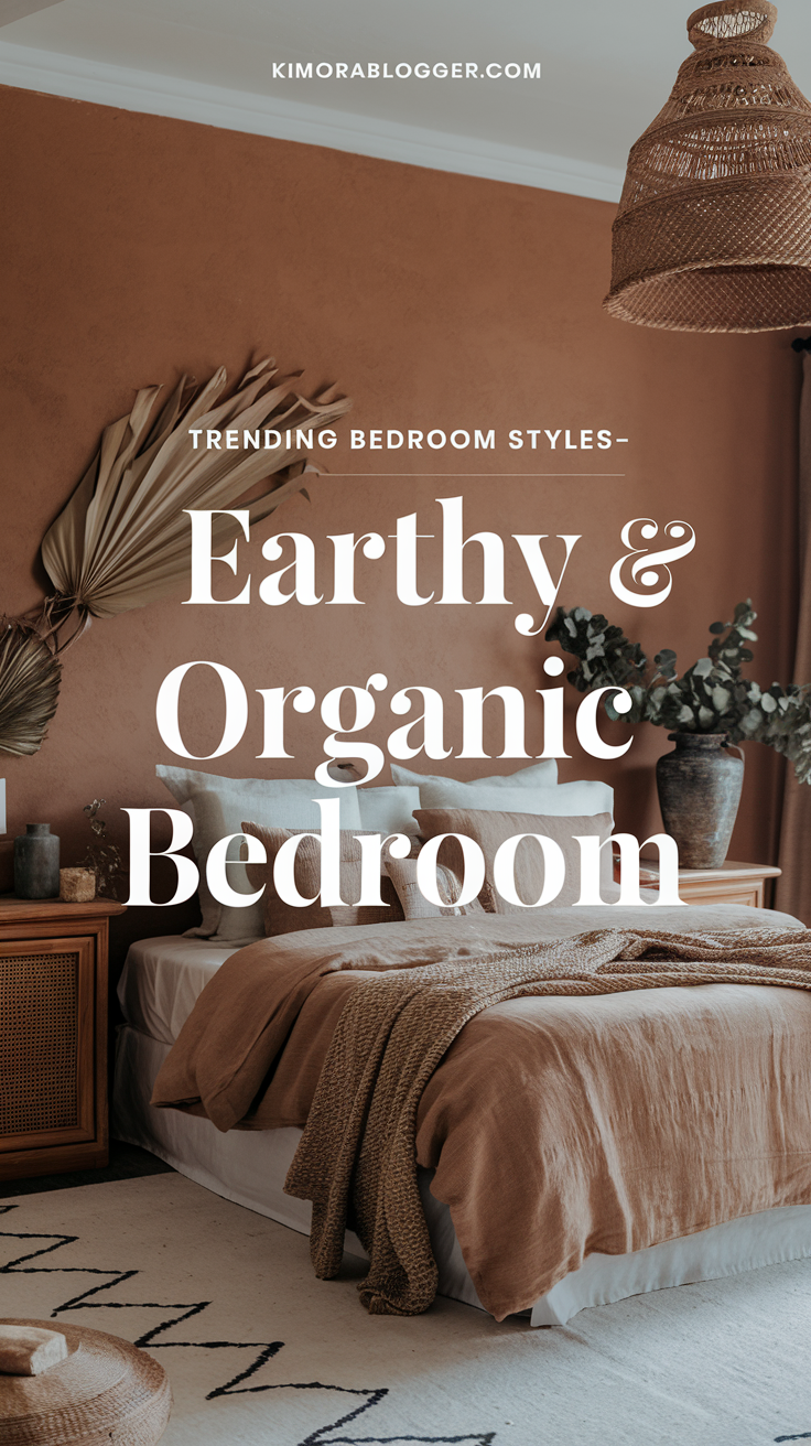 A clay-colored accent wall, cream linen bedding, and wooden accents throughout with a ceramic vase of dried eucalyptus.