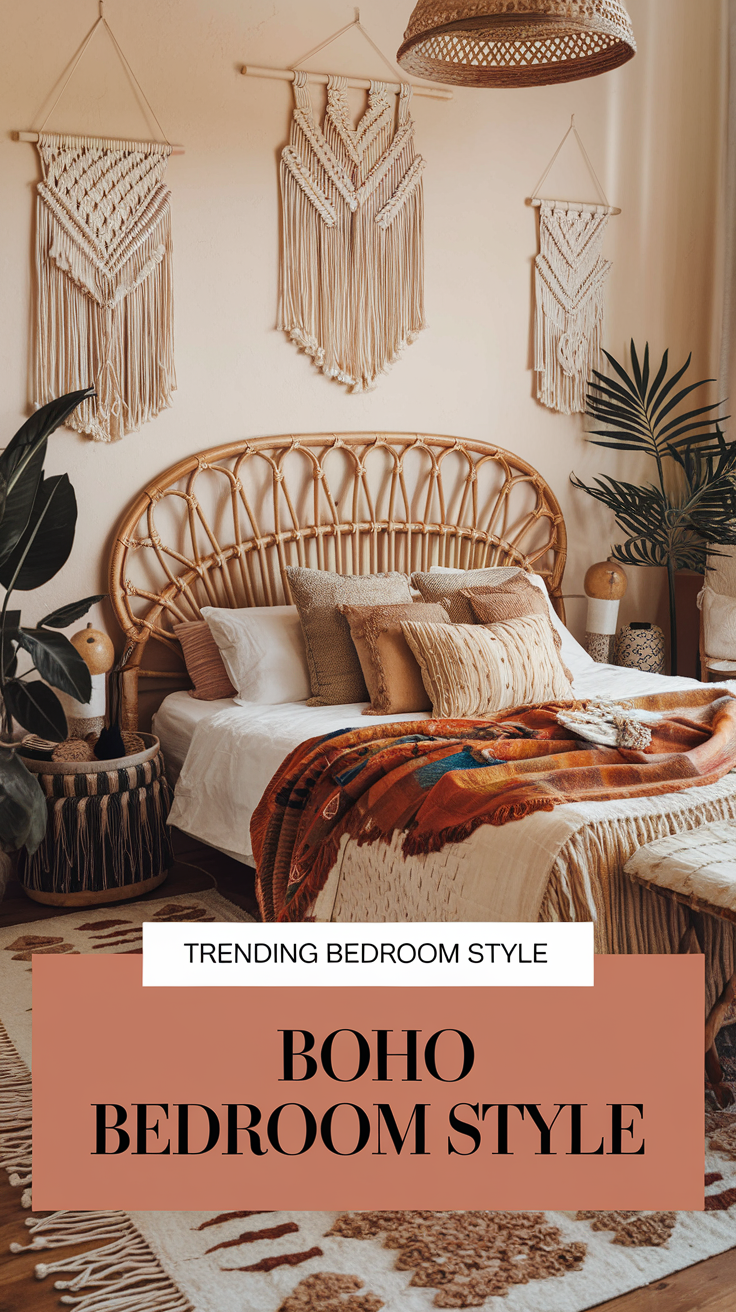 A rattan headboard against a creamy wall, layered bedding in neutral tones with pops of rust and blush, and hanging plants bringing in life and texture.