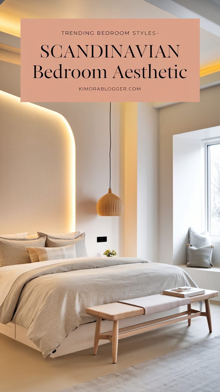 A light and airy space with white walls, soft gray bedding, natural wood furniture, and a single pendant light. Minimal decor and layered warmth.