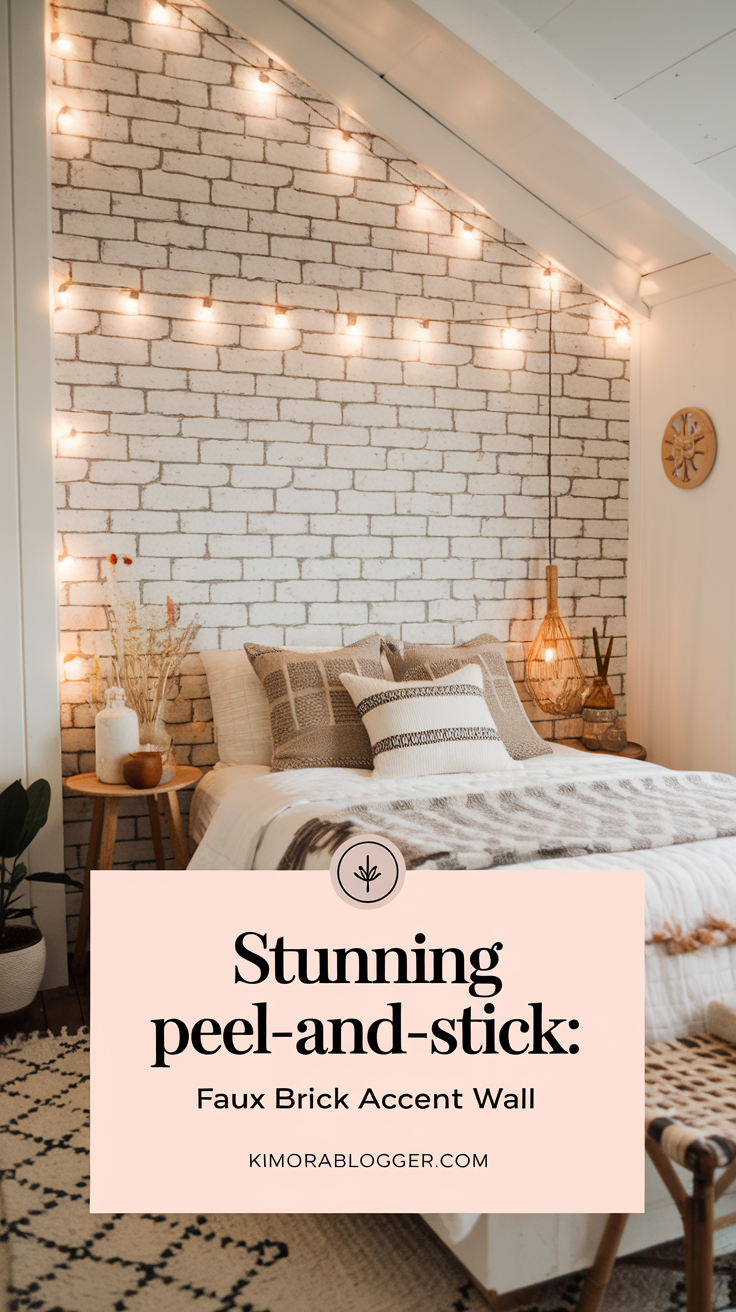 Picture a cozy corner bedroom with a peel-and-stick whitewashed brick wall behind the bed. The texture adds depth and character while warm string lights and wood accents make the space feel soft and welcoming.