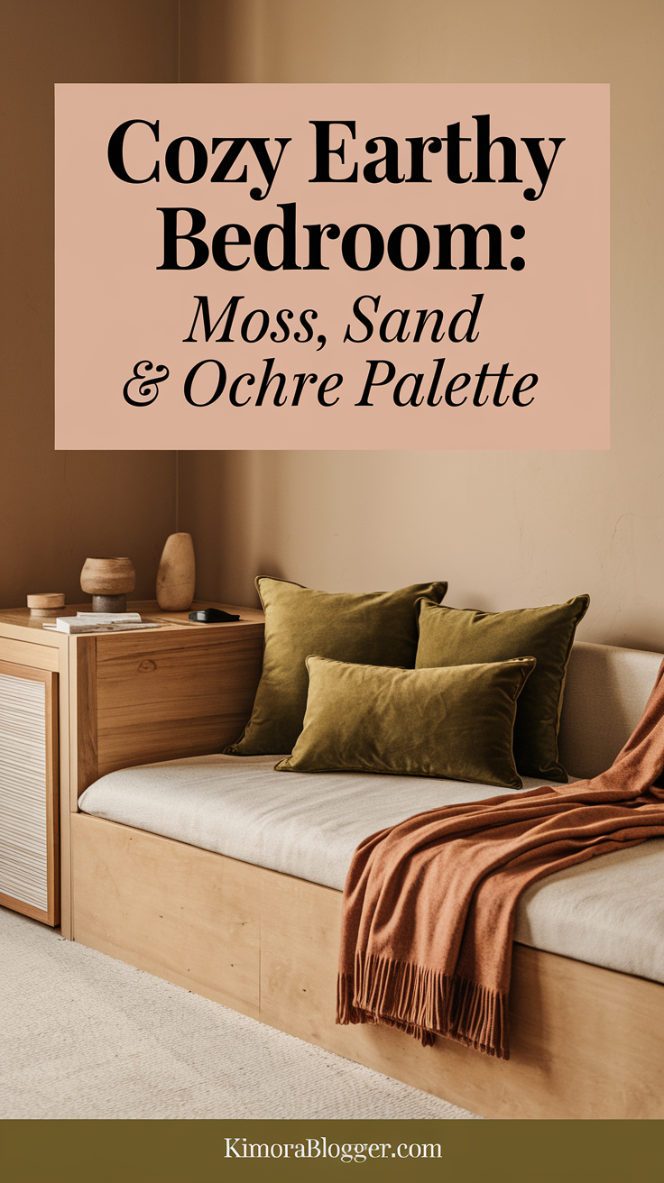 Walls painted soft sand, pillows in moss green and ochre, all complemented by wood tones and woven textures.