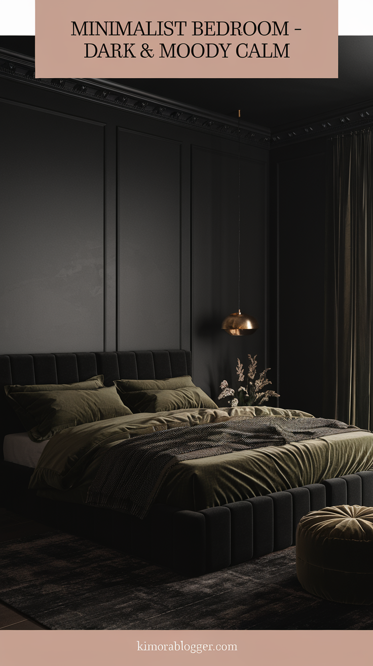 Charcoal gray walls, a matte black bed frame, and deep olive bedding. A brass pendant casts warm light across the room.