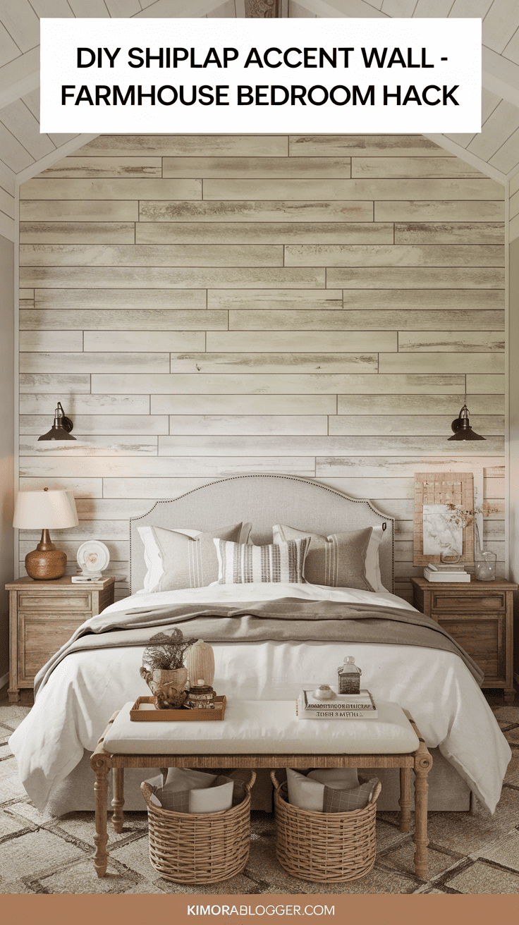 A white shiplap wall behind the bed adds texture without overwhelming the space. It’s paired with minimalist art, warm lighting, and soft neutral bedding.