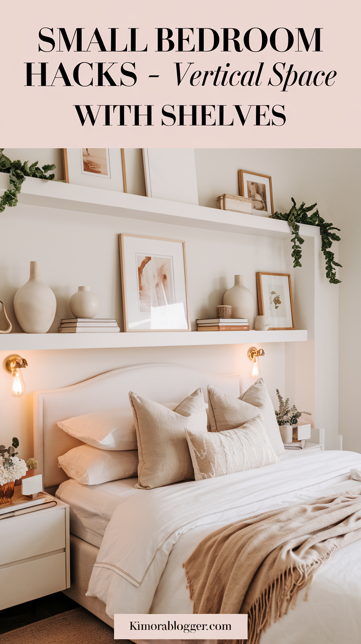 White floating shelves above a bed, decorated with neutral ceramic vases, framed art, and trailing greenery. Everything feels open and intentional.
