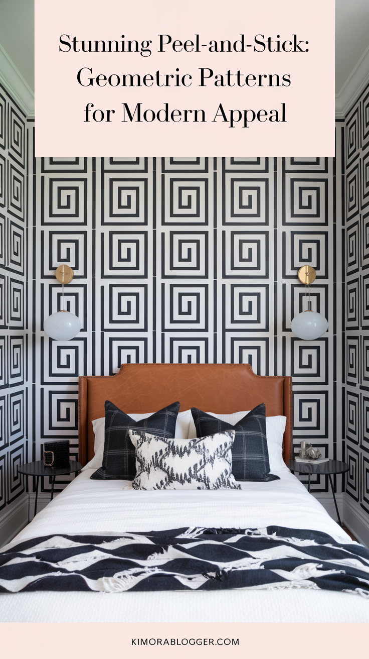A bold black-and-white geometric pattern frames a small bedroom, paired with modern sconces and a leather headboard for contrast. The pattern makes a big impact in a tiny space.