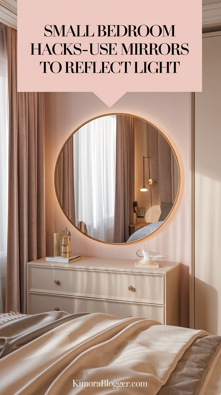 A large round mirror above the dresser reflects natural light from a nearby window. The mirror’s soft gold frame ties in with subtle metallic decor throughout the room.