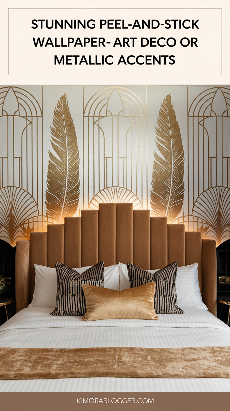 A glamorous peel-and-stick wallpaper with gold Art Deco arches or metallic feathers lights up one side of the room behind a velvet headboard.