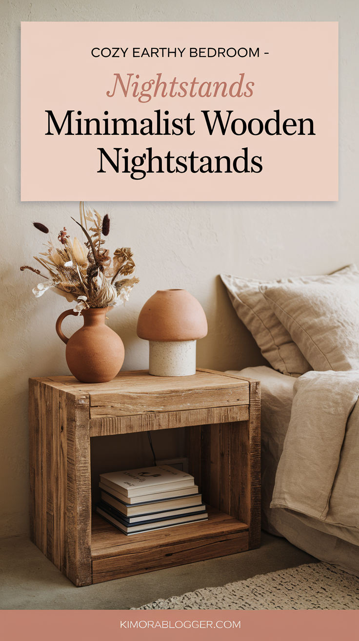 Minimalist bedroom with a low-profile reclaimed wood nightstand, ceramic lamp, dried florals in a clay vase, and stacked neutral books beside a linen bed.