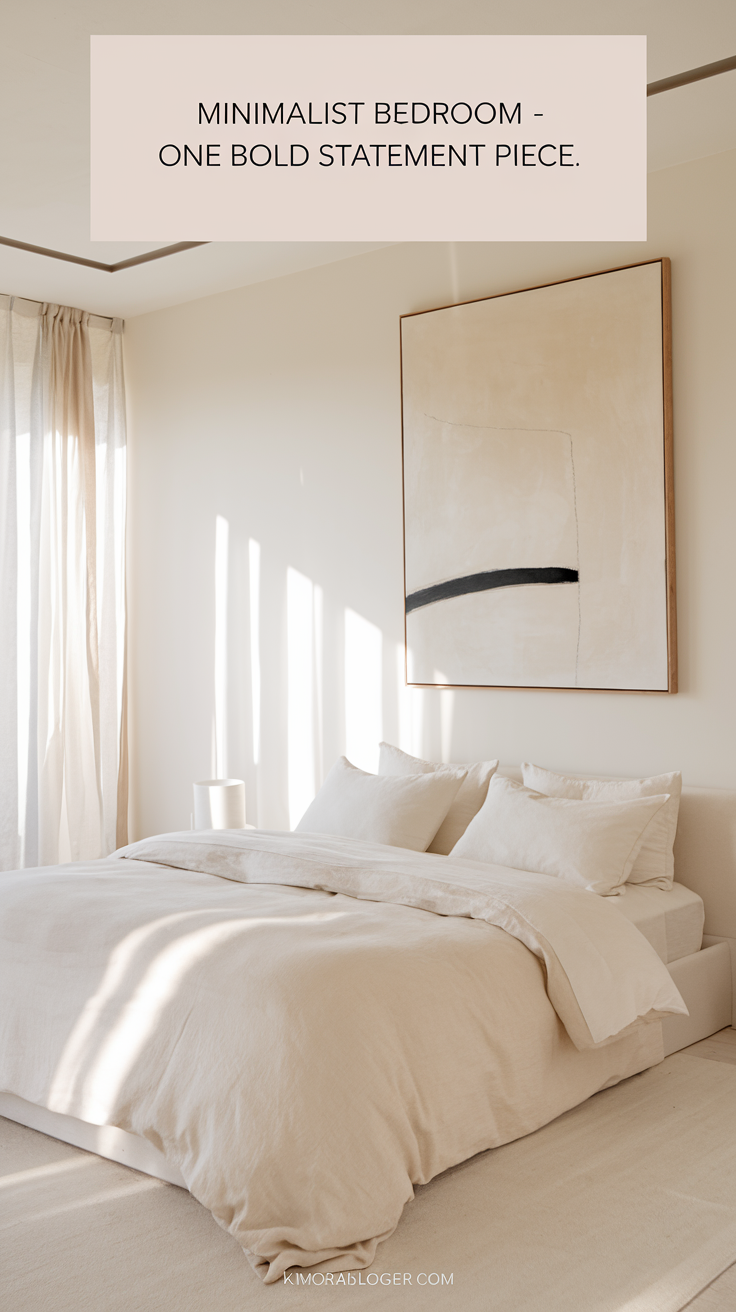 A clean bedroom with off-white bedding and bare walls—except for a large abstract painting above the bed in neutral tones.