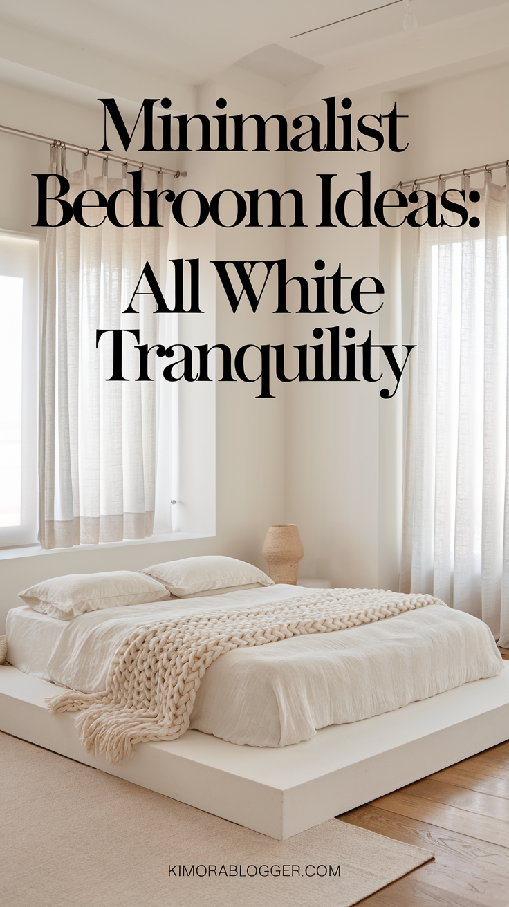 A white platform bed with crisp cotton sheets, a thick knit throw, and sheer curtains that sway gently in the breeze. The morning light dances across the walls and hardwood floors.