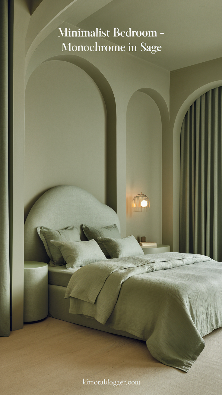 A soft sage green is used in various tones throughout the room—from bedding to walls to curtains. Rounded edges and soft lighting add harmony.