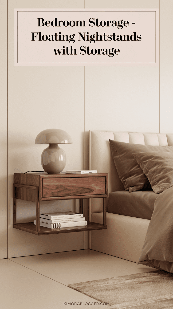 A wood floating nightstand with a small drawer and shelf holds a ceramic lamp and small book stack. Below it, the floor remains clutter-free and calm. Elf holds a ceramic lamp and small book stack. Below it, the floor remains clutter-free and calm.