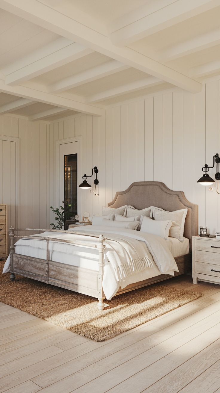 A bedroom with creamy white walls, light oak flooring, and a taupe upholstered headboard. Layered white and ivory bedding sits on a rustic wood frame. Black iron sconces flank the bed, and a woven rug adds warmth underfoot.