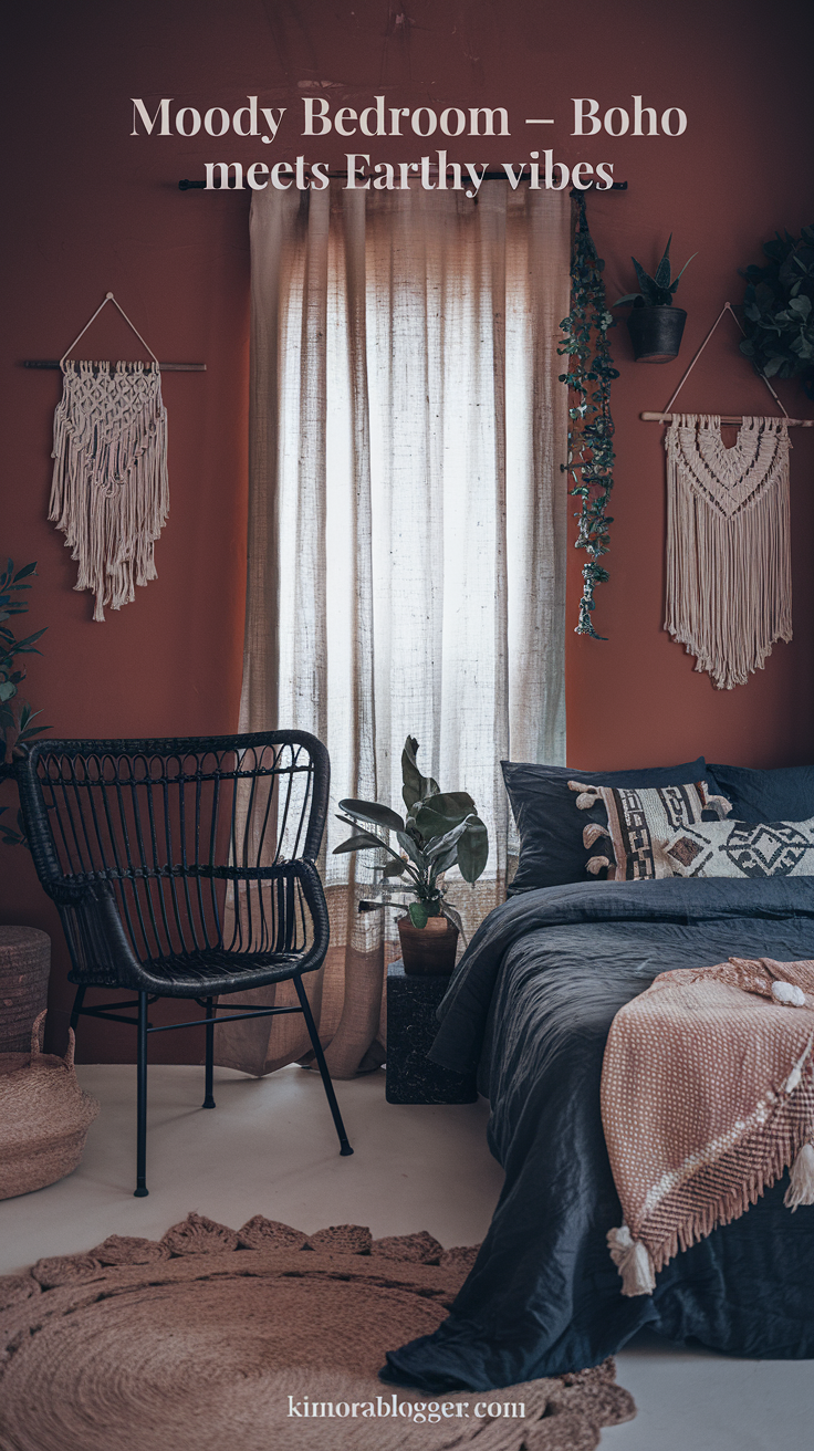 A terracotta-painted bedroom with indigo bedding, a black rattan chair, and layered throw pillows in tribal prints. Soft light filters through a linen curtain.