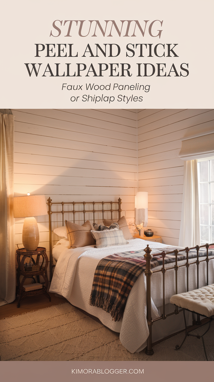 Imagine a cozy rustic space with white faux shiplap wallpaper surrounding the bed, warm lighting, and plaid throws for a farmhouse-chic feel.
