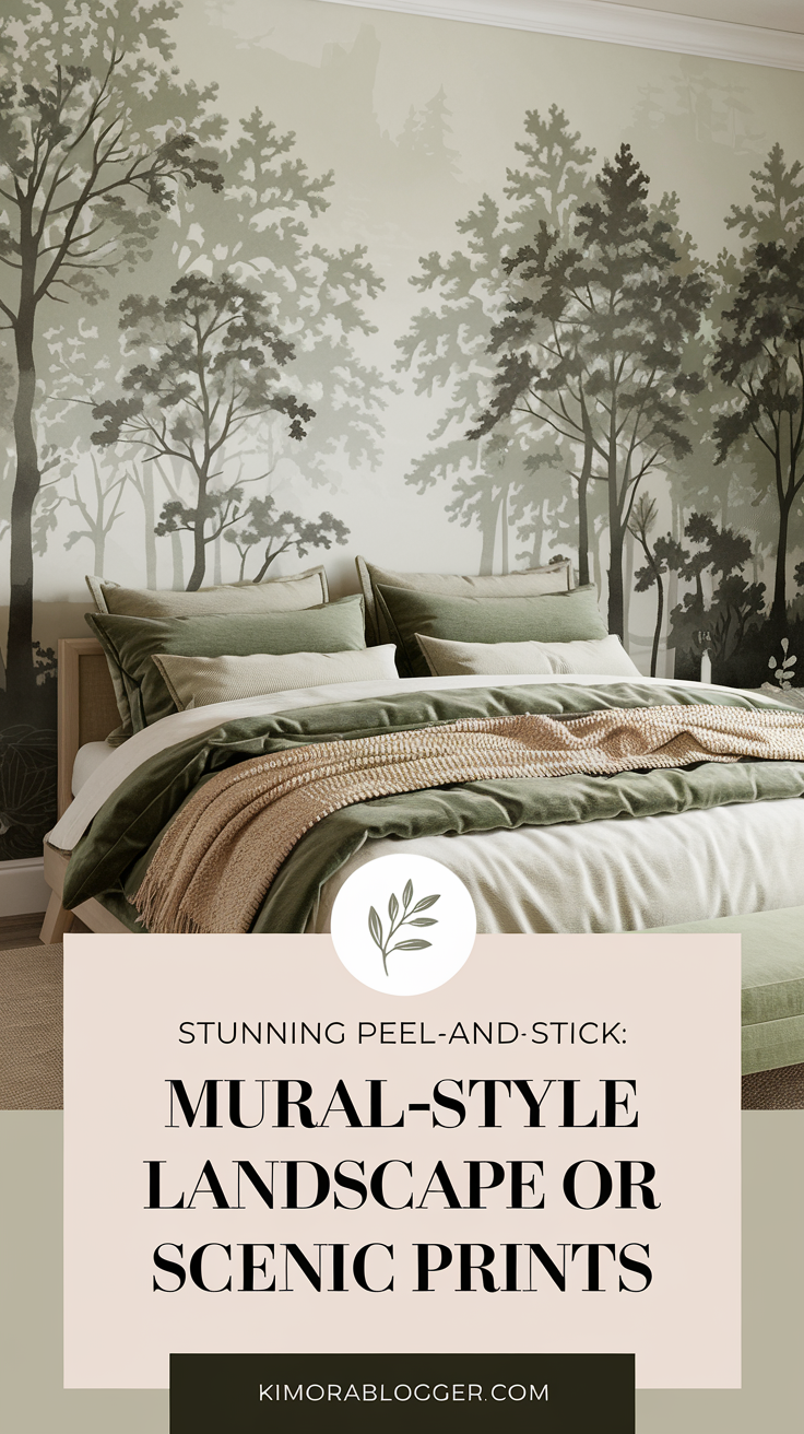A full-wall forest mural behind a bed with layered green and tan bedding creates a peaceful escape with a storybook charm
