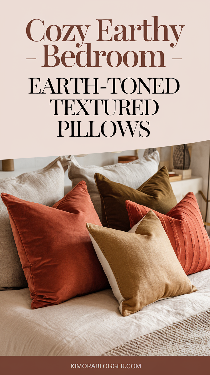 A mix of pillow covers in soft velvet and woven cotton in deep rust, dusty olive, and burnt orange tones.