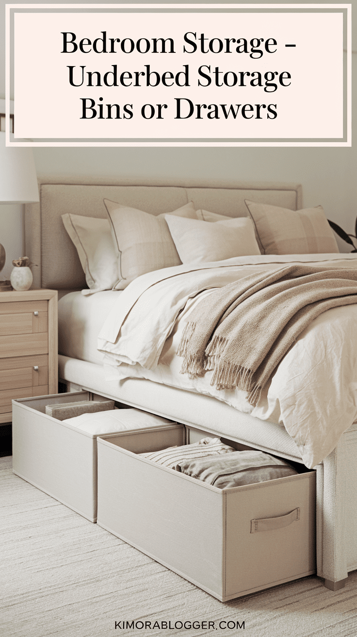 Light taupe rolling storage bins peek out just beneath the bed frame, keeping clutter hidden while still accessible. Soft beige bedding and layered throws maintain the cozy vibe.