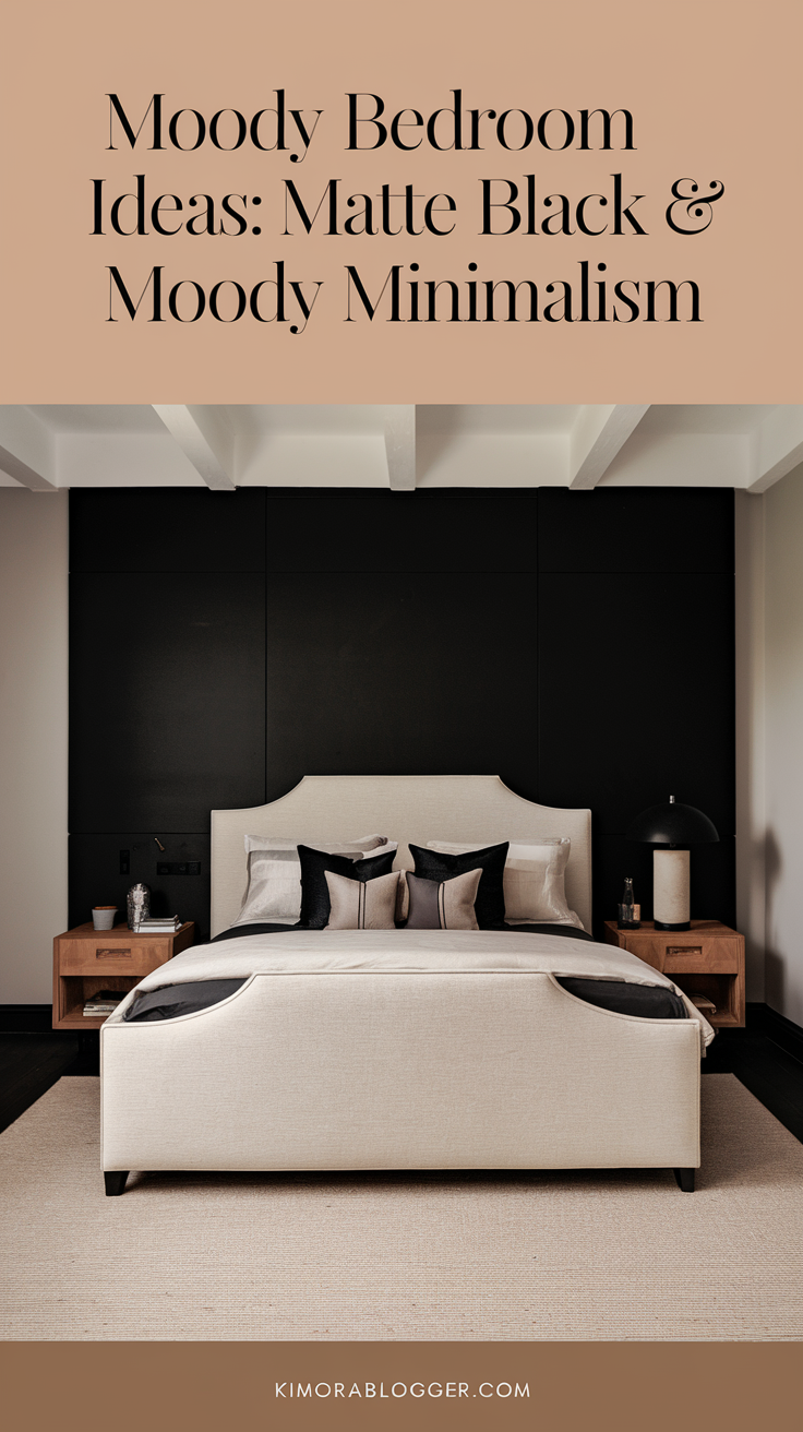 A matte black accent wall behind a beige upholstered bed. No wall art, just symmetry and texture—everything feels balanced and restful.