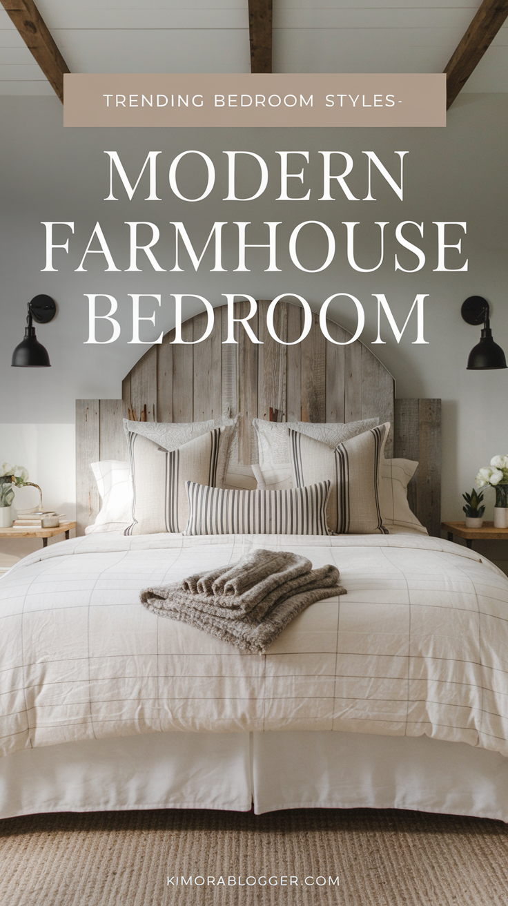 A neutral palette bedroom with a barn-style wood headboard, black sconces, and a cozy wool throw folded neatly at the end of the bed.