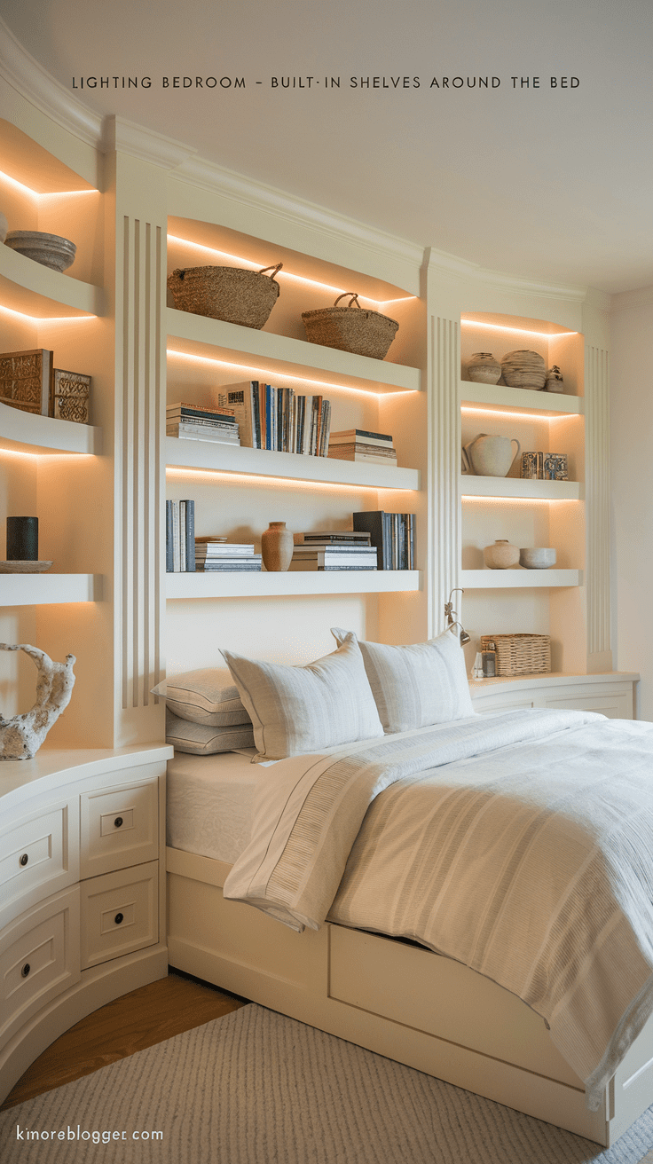Wall-to-wall shelving in a creamy white surround the bed and holds books, baskets, and framed prints. Hidden lighting beneath the top shelf adds a soft golden glow.