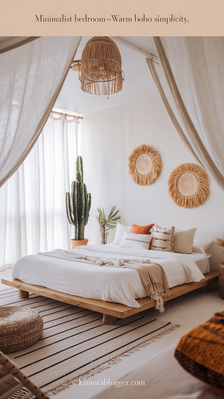 A low wood bedframe with white linen sheets, two woven wall hangings, and one large cactus. The color palette stays neutral with terracotta and cream accents.