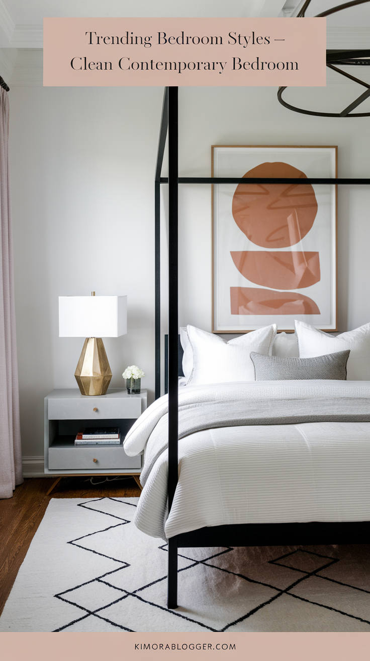 A sleek platform bed with black frame, bright white bedding, and a glass lamp on a simple charcoal-gray nightstand.